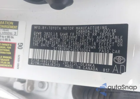 2016 Toyota Corolla Le from USA, damaged, VIN 2T1BURHE4GC610064